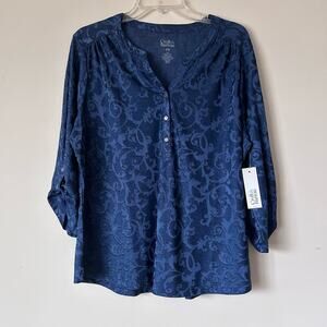 Croft & Barrow Henley Scroll Print Top Roll Sleeves Tunic Blouse Top
